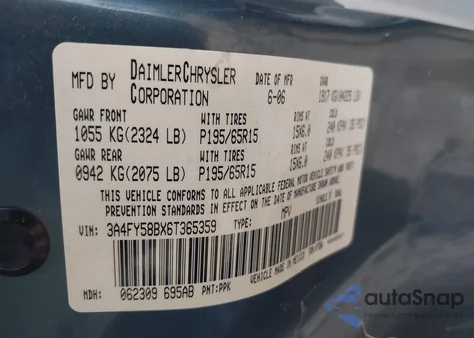 2006 Chrysler Pt Cruiser Touring from USA, damaged, VIN 3A4FY58BX6T365359